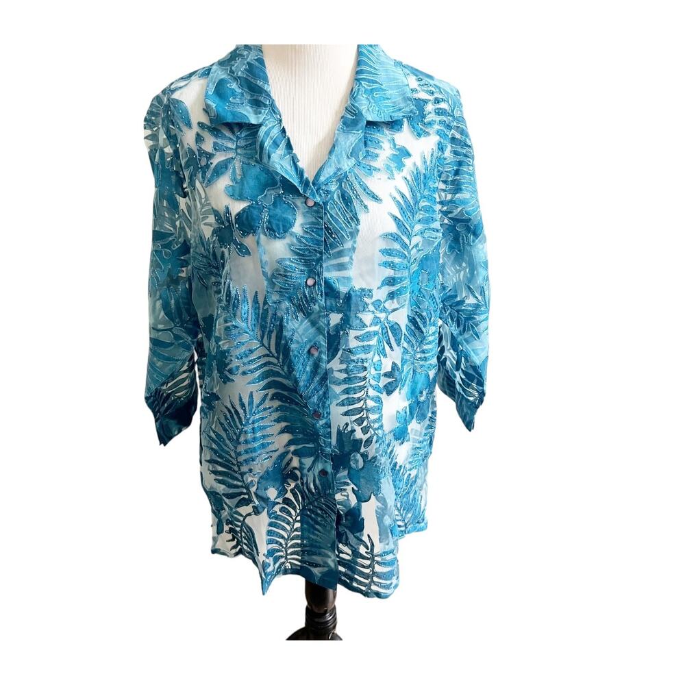 VTG Units Sheer Devoré Burnout Blouse Womens 1X Vibrant Blue Tropical Floral Top